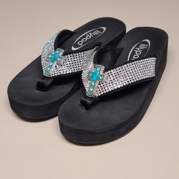 Lilypad Rhinestone Cross platform flip flop sandals size 8 1/2 - Picture 2 of 10